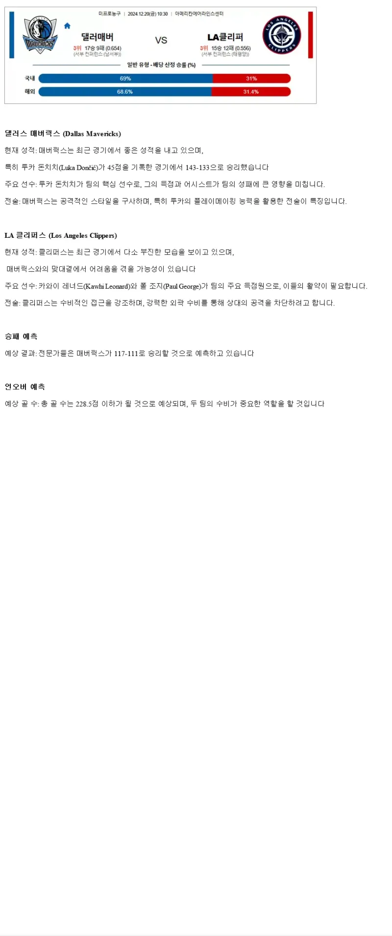 2024년12월20일 댈러스 매버릭스 LA 클리퍼스 미국농구 중계 및 분석 올스티비