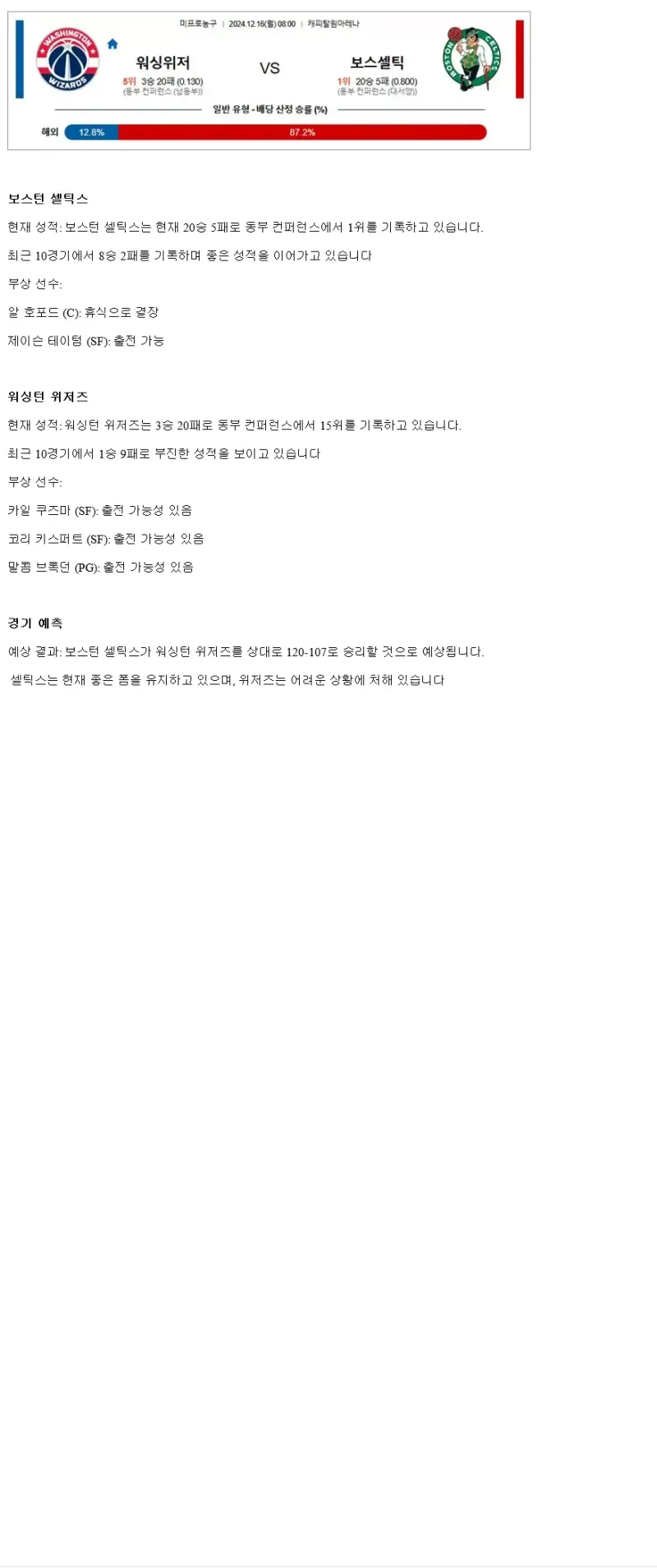2024년12월16일 워싱턴 위저즈 보스턴 셀틱스 미국농구 분석 및 중계 올스티비