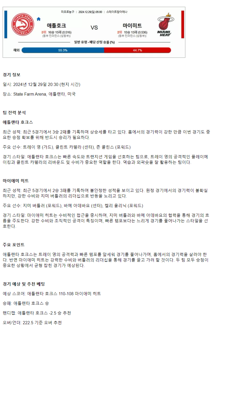 2024년12월29일 애틀랜타 호크스 마이애미 히트 NBA 분석 및 중계 올스티비