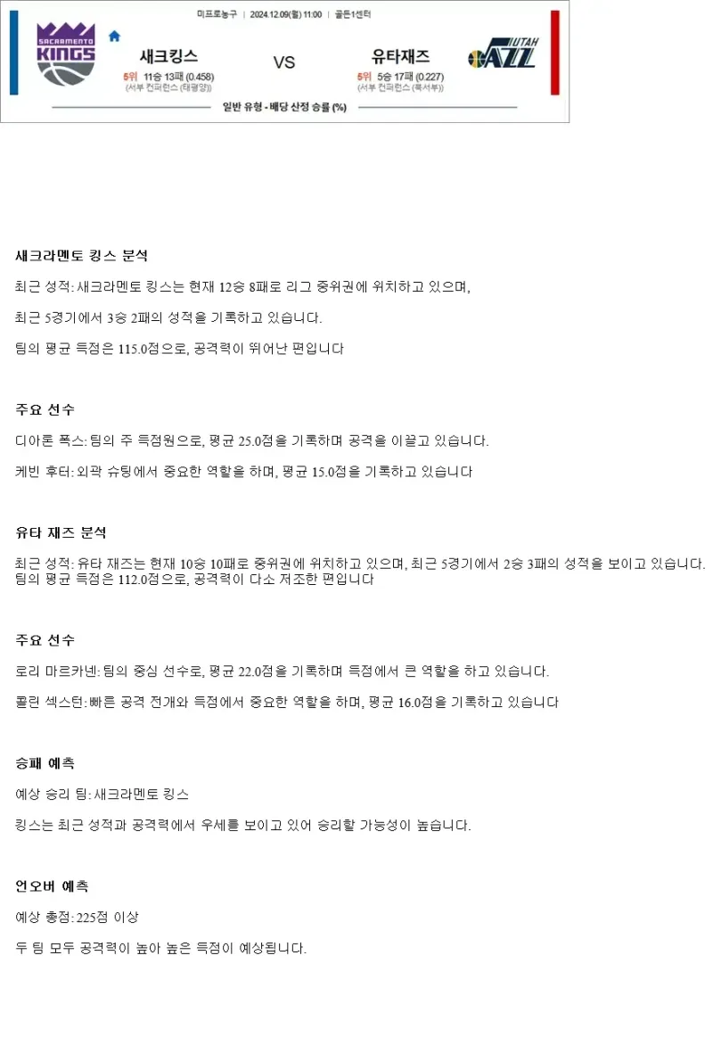 2024년12월9일 새크라멘토 킹스 유타 재즈 미국농구 중계 및 분석 올스티비