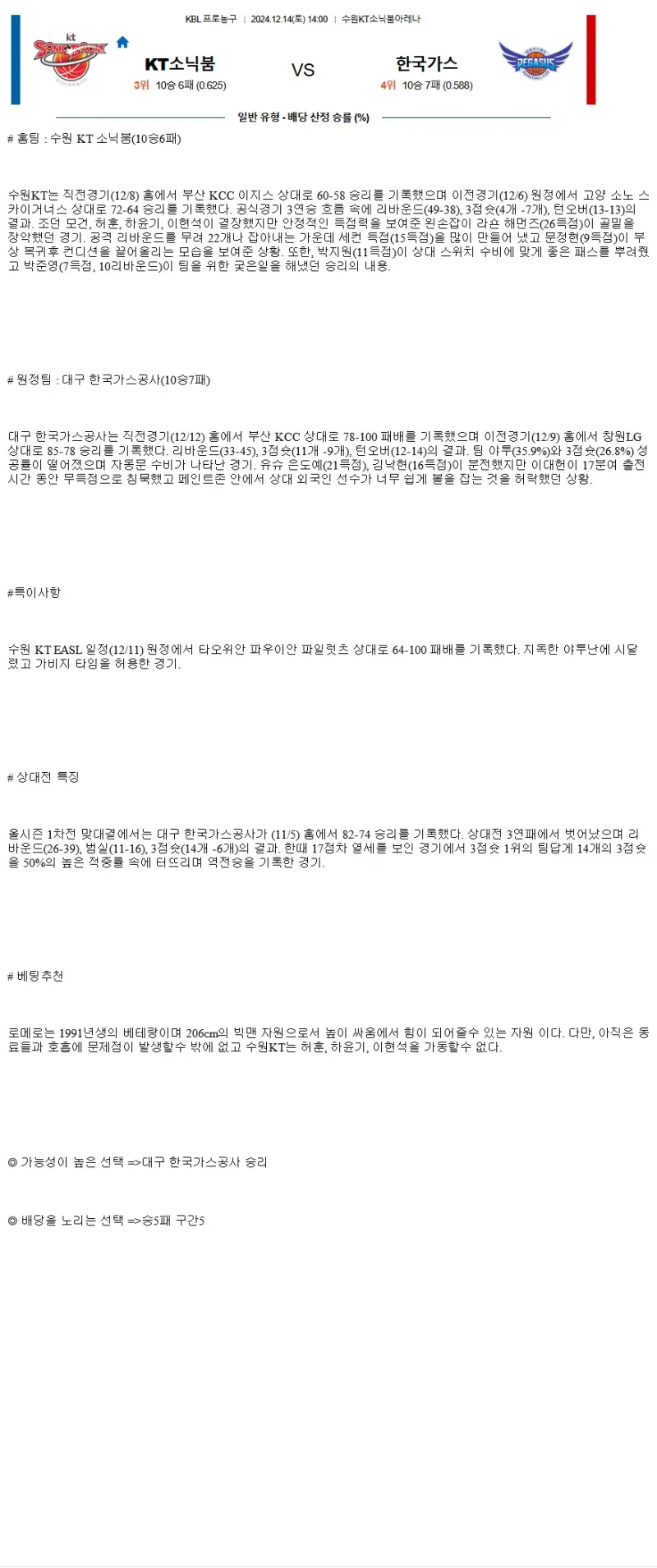 2024년12월14일 수원 KT 소닉붐 대구 한국가스공사 KBL 올스티비