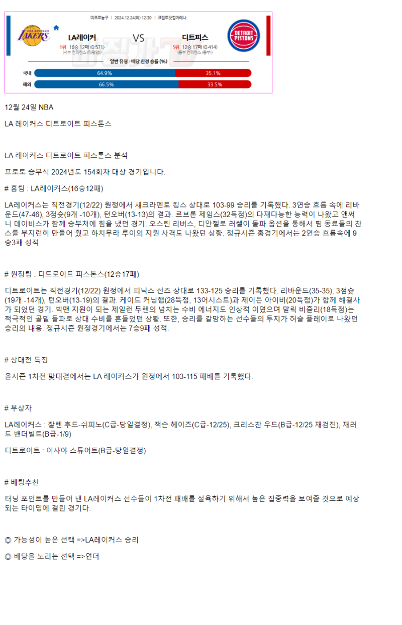 2024년12월24일 LA 레이커스 디트로이트 피스톤스 미국농구 중계 및 분석 올스티비