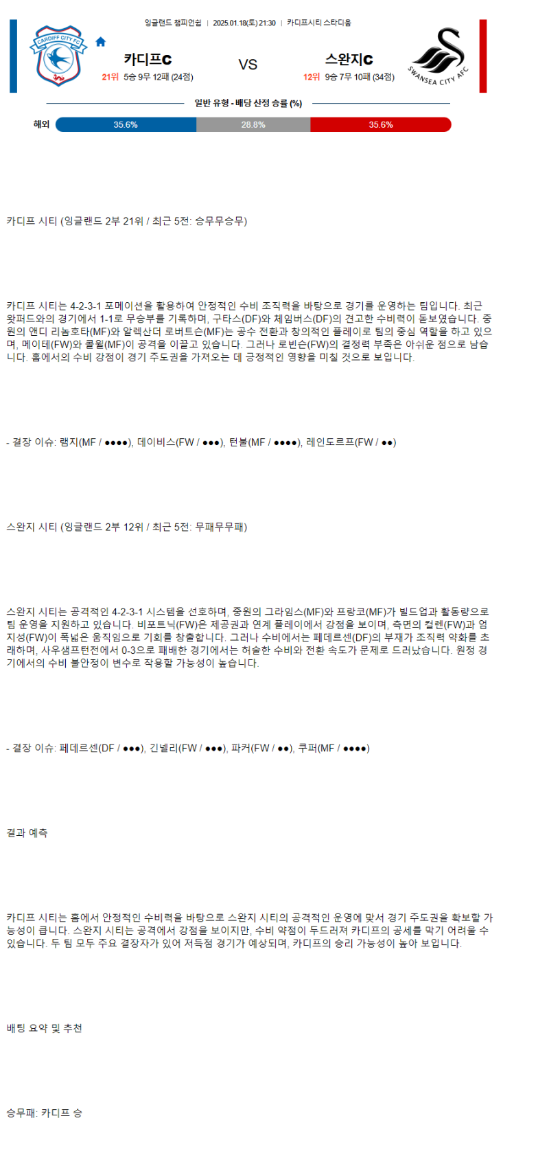 2025년1월18일 카디프시티 스완지시티 해외축구 중계 및 분석 올스티비