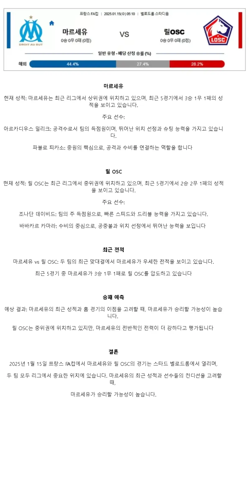 2025년1월15일 마르세유 릴 OSC 해외축구 중계 및 분석 올스티비