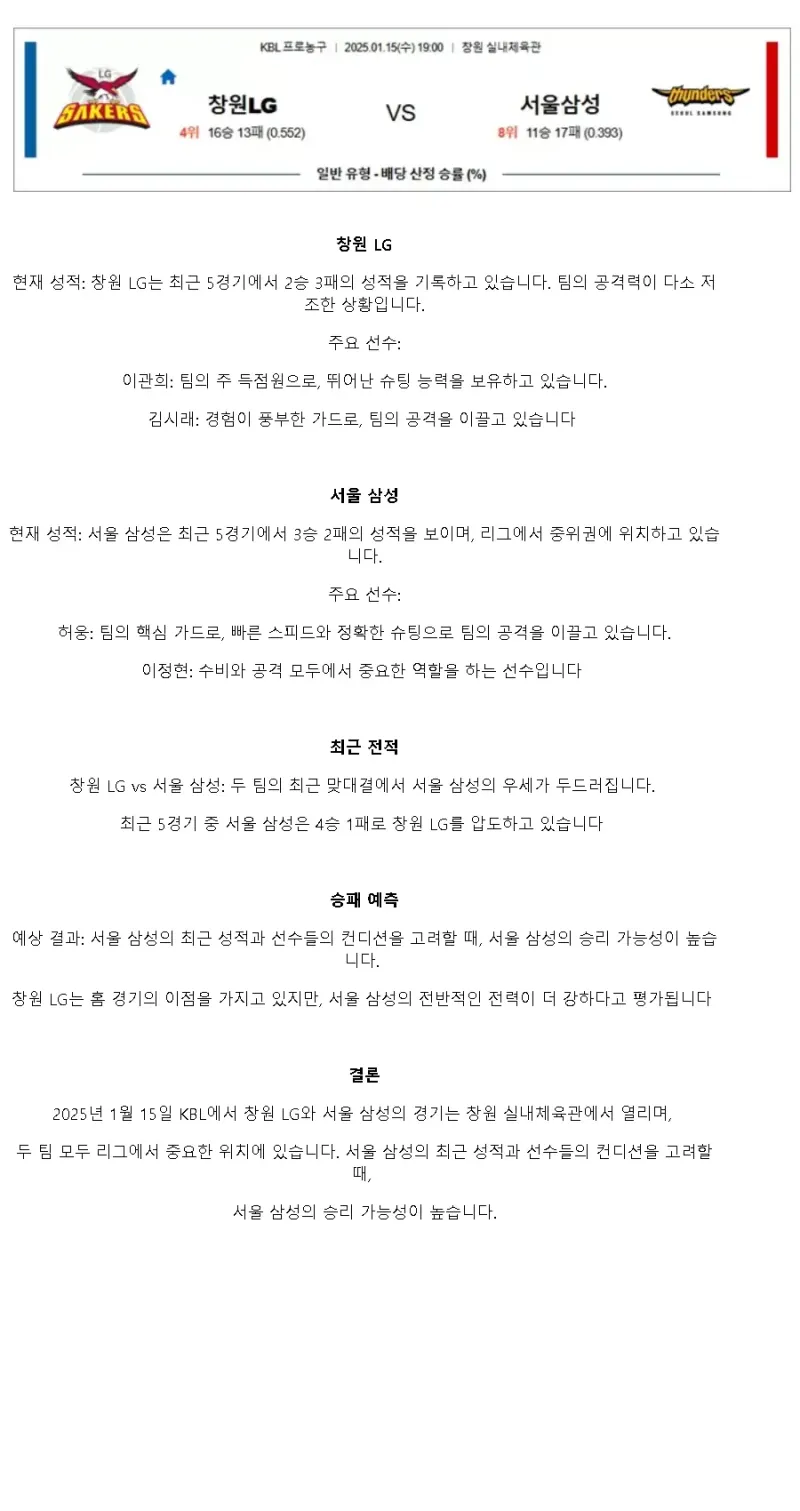 2025년1월15일 창원 LG 세이커스 서울 삼성 썬더스 KBL 올스티비