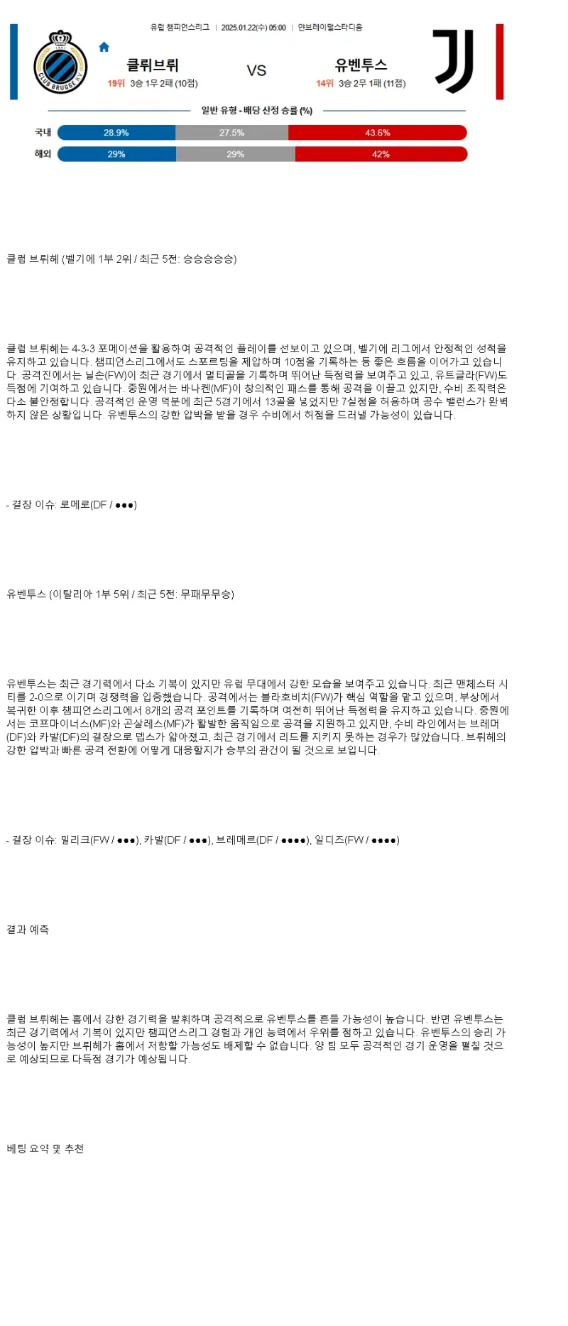 2025년1월22일 클럽 브뤼헤 KV 유벤투스 FC 스포츠 분석 및 중계 올스티비