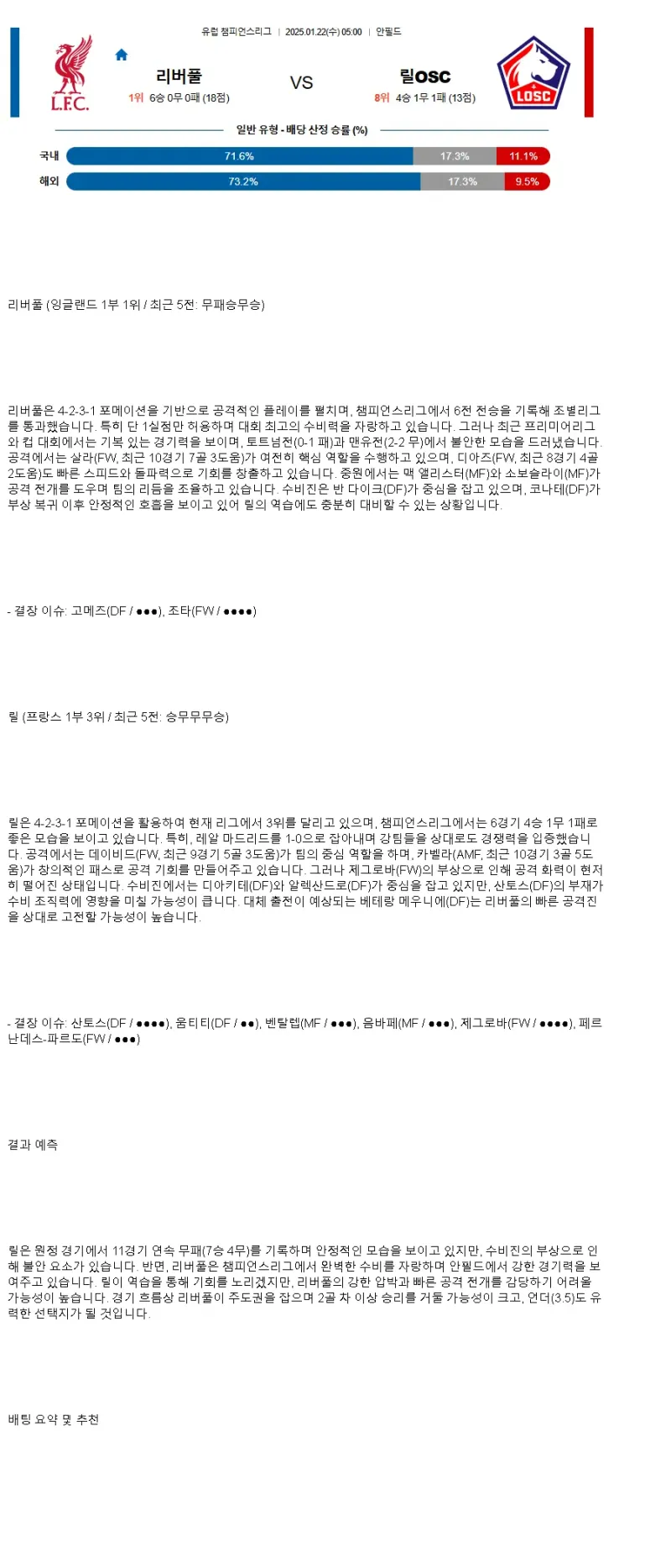 2025년1월22일 리버풀 FC 릴 OSC 스포츠 분석 및 중계 올스티비