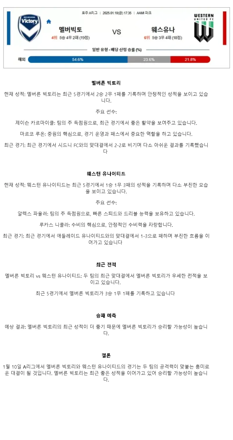 2025년1월10일 멜버른 빅토리 FC 웨스턴 유나이티드 FC 스포츠 분석 및 중계 올스티비