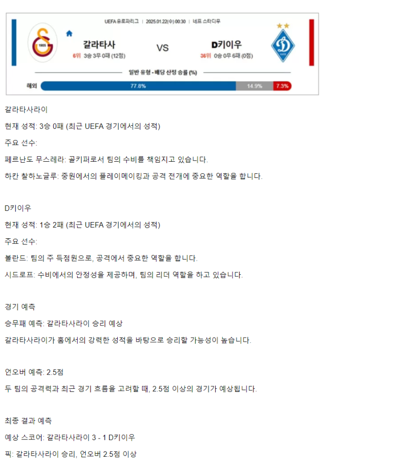 2025년1월22일 갈라타사라이 SK FC 디나모 키예프 해외스포츠 분석 및 중계 올스티비