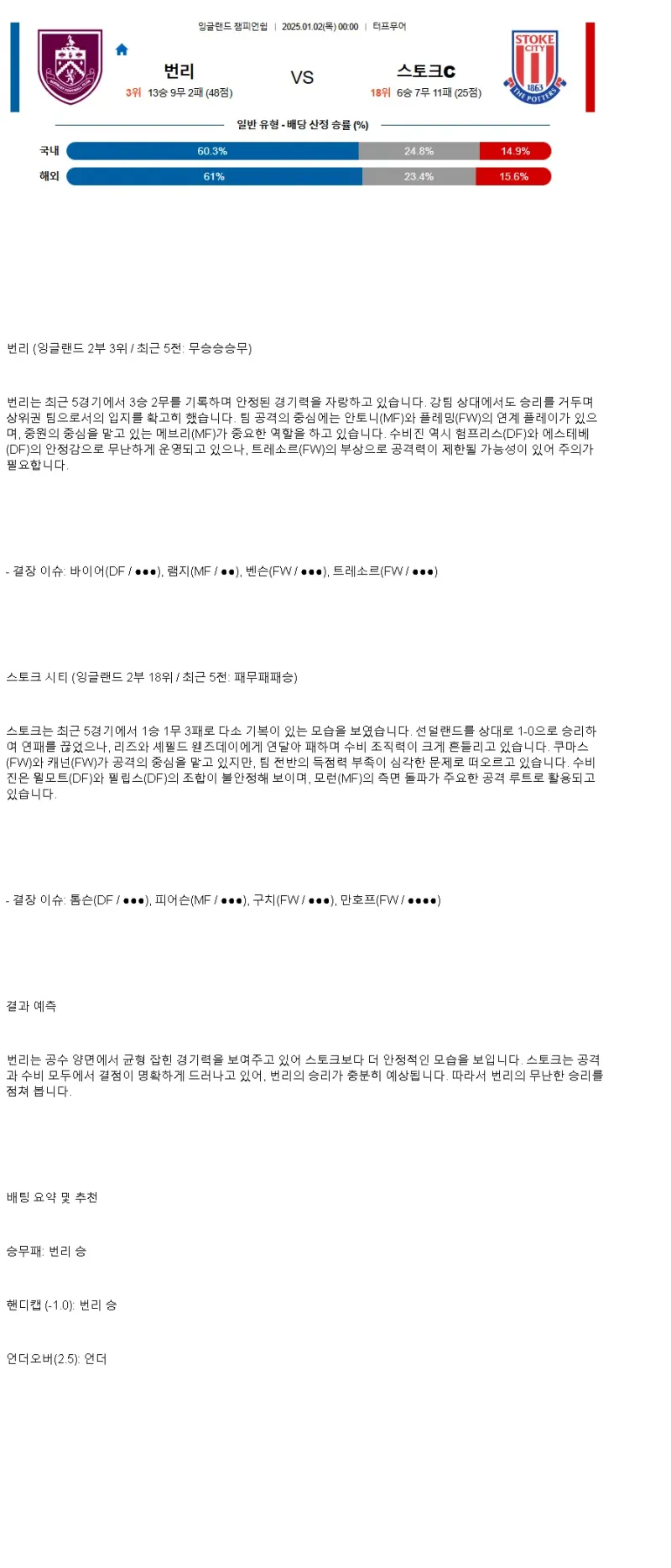 2025년1월2일 번리 FC 스토크 시티 FC 해외축구 분석 및 중계 올스티비