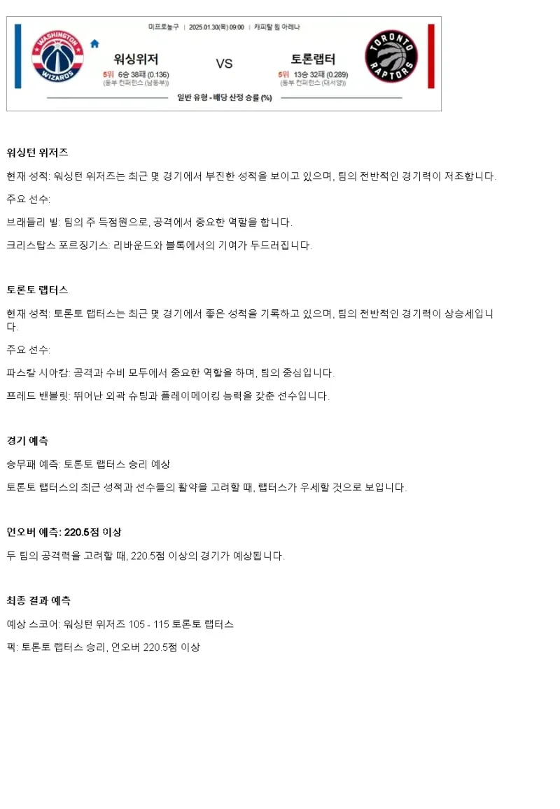 2025년1월30일 워싱턴 위저즈 토론토 랩터스 해외농구 분석 및 중계 올스티비