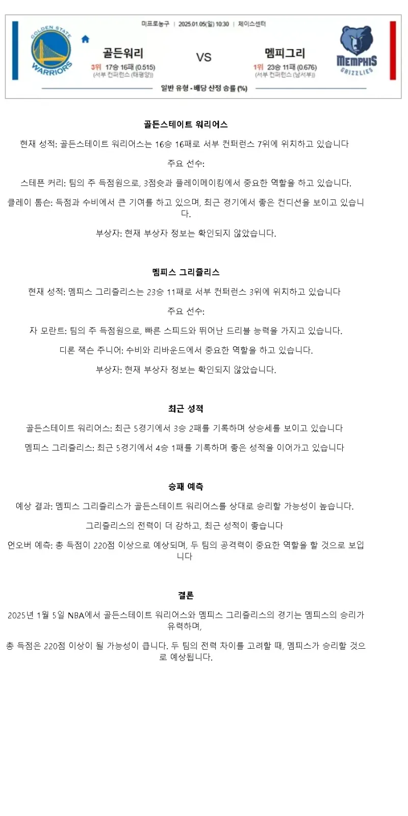2025년1월5일 골든스테이트 워리어스 멤피스 그리즐리스 미국농구 분석 및 중계 올스티비