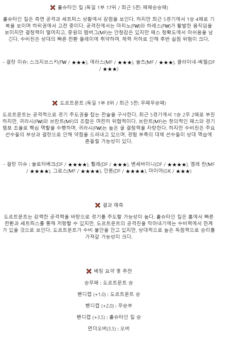 2025년1월15일 키엘러 SV 홀슈타인 1900 BV 보루시아 09 도르트문트 해외스포츠 중계 및 분석 올스티비