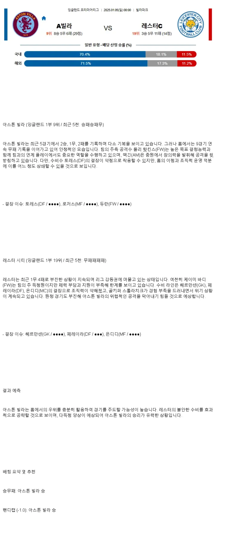 2025년1월5일 아스톤 빌라 FC 레스터 시티 FC 해외축구 중계 및 분석 올스티비