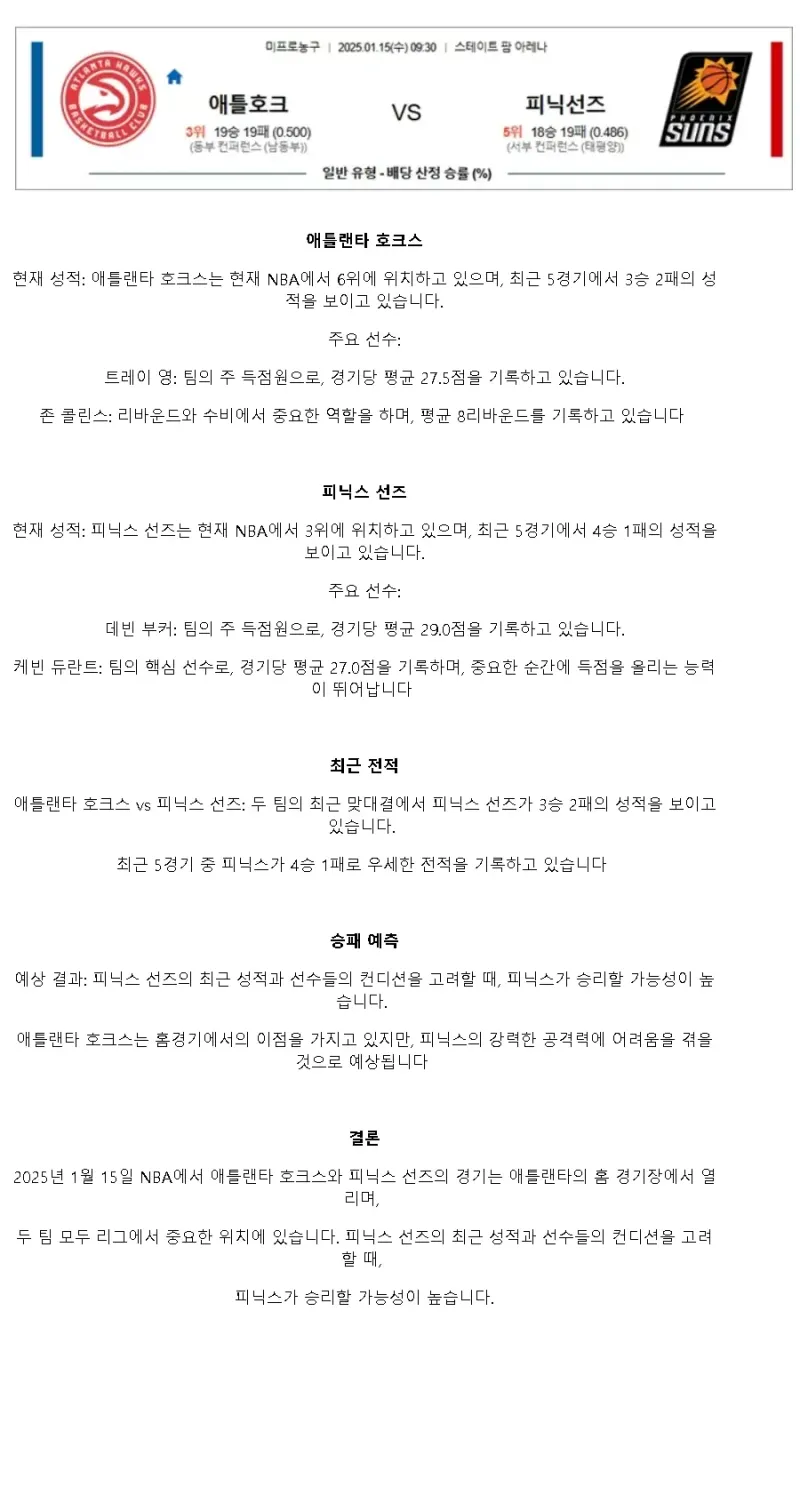 2025년1월15일 애틀랜타 호크스 피닉스 선즈 해외농구 분석 및 중계 올스티비