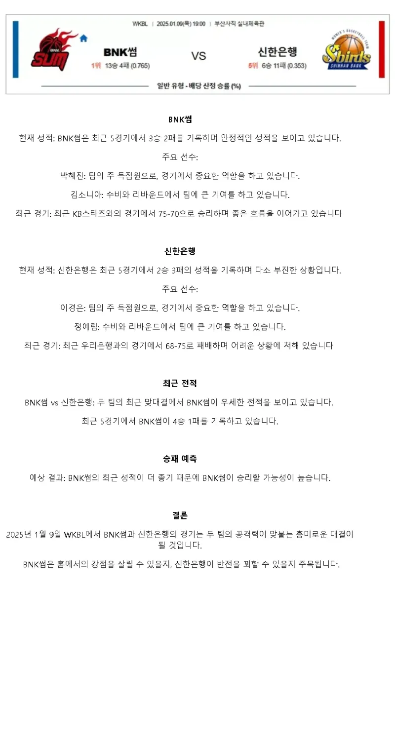 2025년1월9일 BNK 썸 인천 신한은행 에스버드 KBL 올스티비