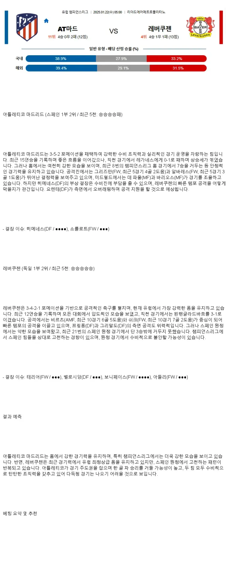 2025년1월22일 클럽 아틀레티코 데 마드리드 TSV 바이엘 04 레버쿠젠 해외스포츠 중계 및 분석 올스티비