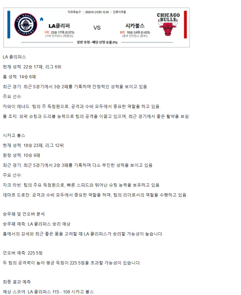 2025년1월21일 LA 클리퍼스 시카고 불스 미국농구 분석 및 중계 올스티비