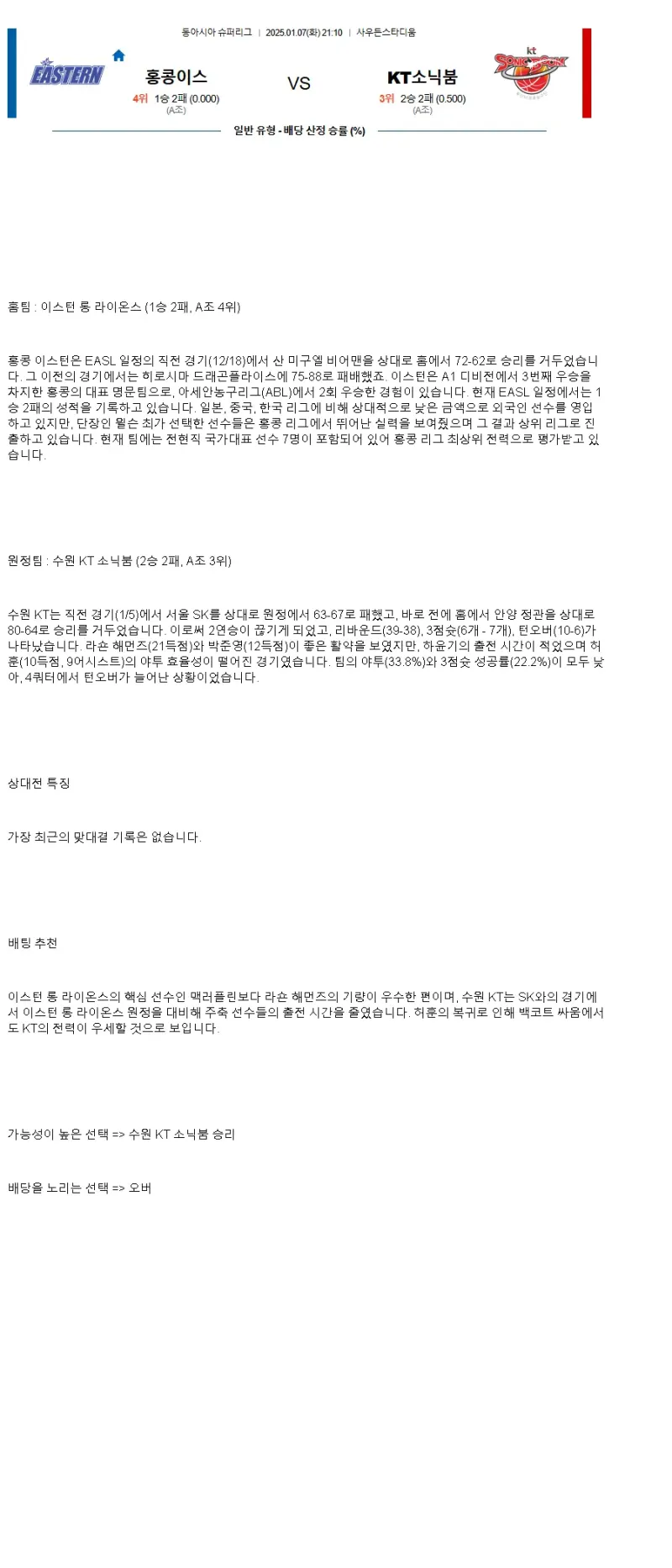 2025년1월7일 홍콩이스턴 수원 KT 소닉붐 미국농구 분석 및 중계 올스티비
