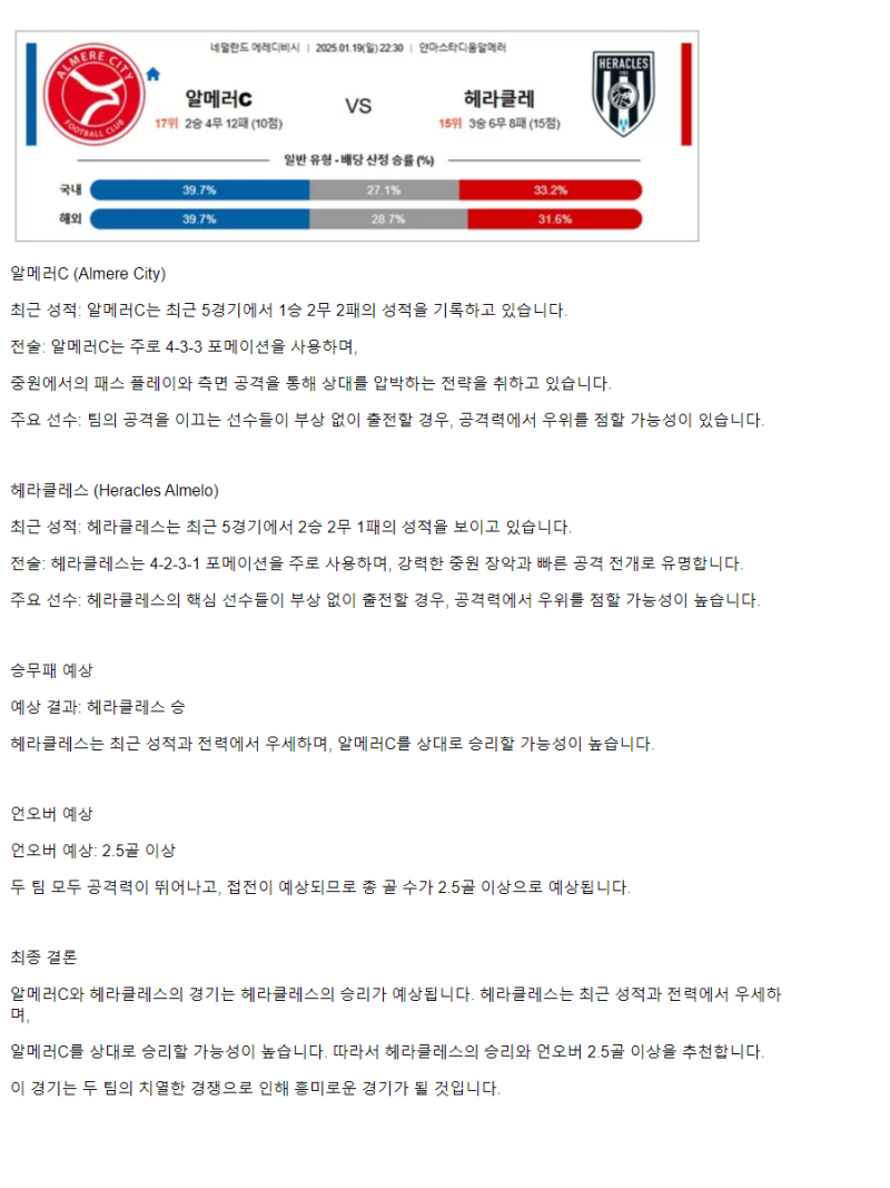 2025년1월19일 알메러 시티 FC 헤라클레스 알멜로 스포츠 중계 및 분석 올스티비