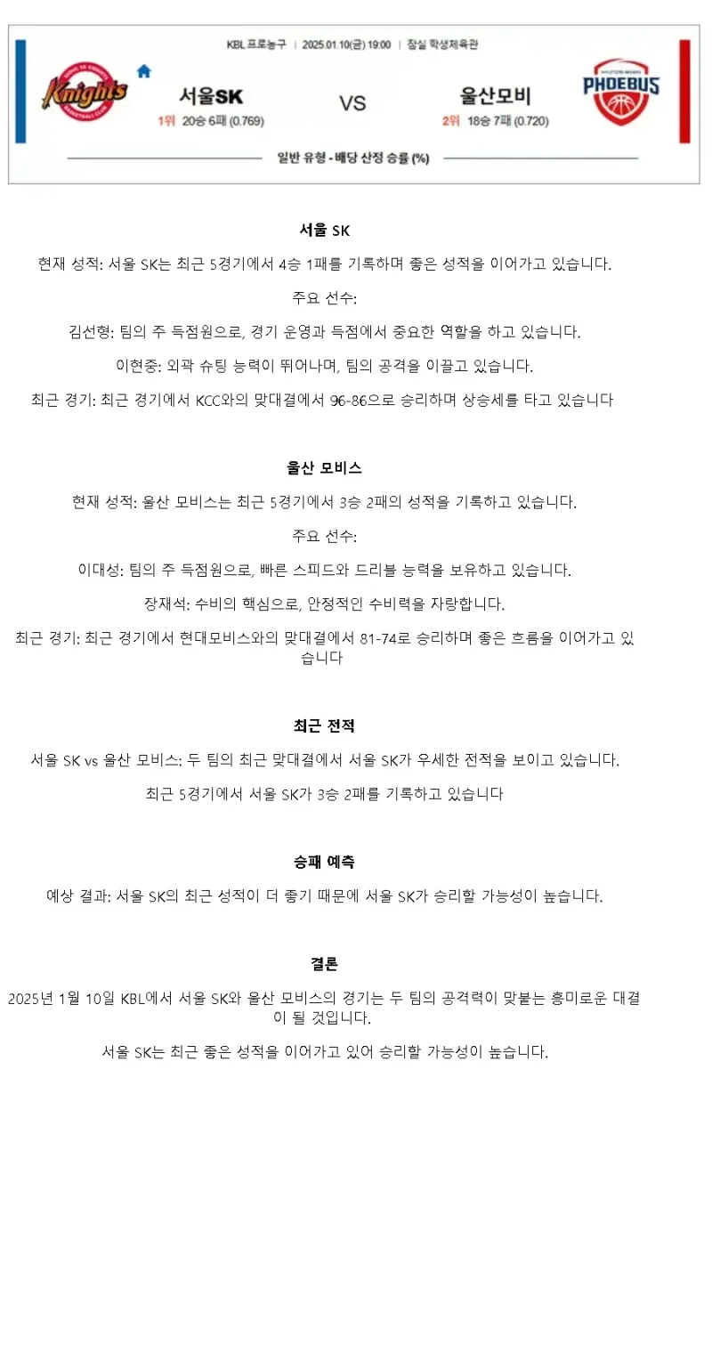 2025년1월10일 서울 SK 나이츠 울산 현대모비스 피버스 KBL 올스티비