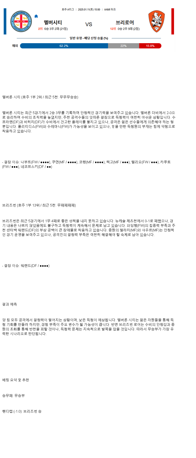 2025년1월11일 멜버른시티 브리즈번 해외스포츠 분석 및 중계 올스티비