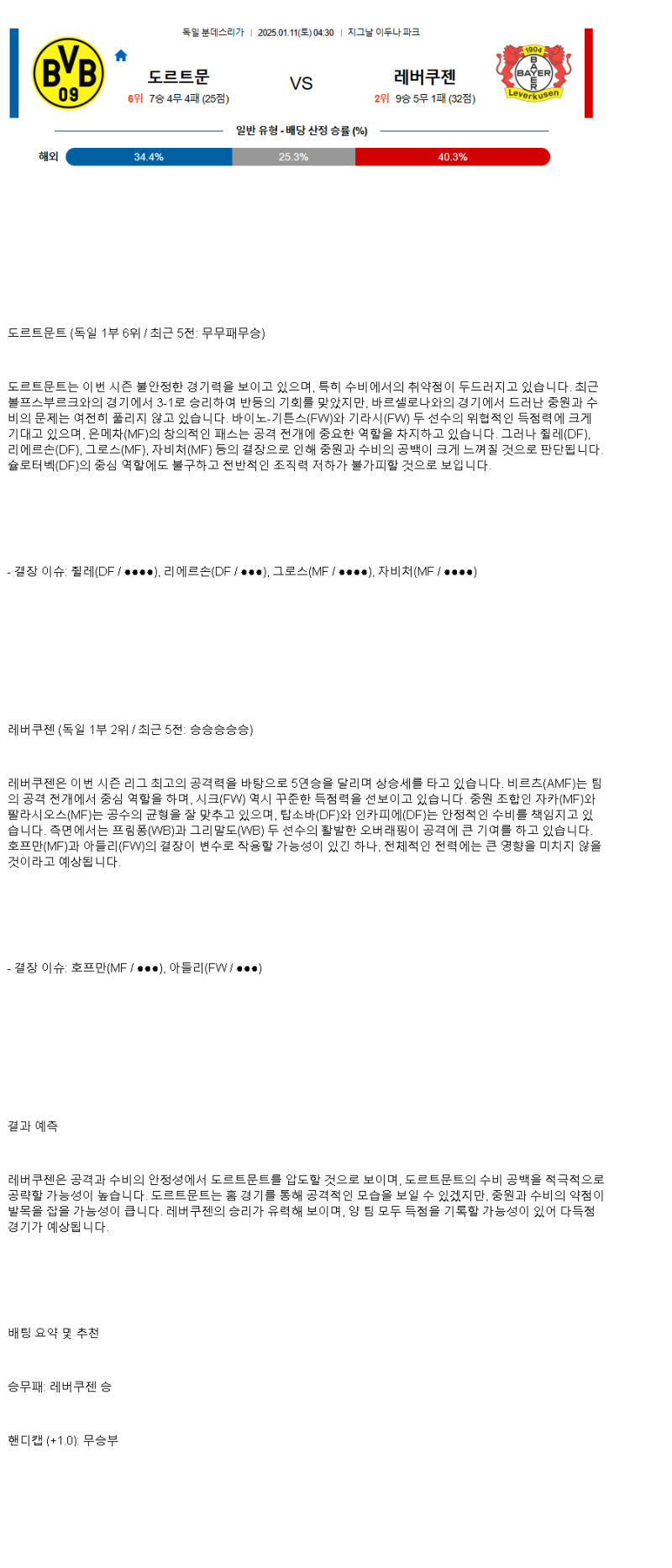 2025년1월11일 BV 보루시아 09 도르트문트 TSV 바이엘 04 레버쿠젠 해외스포츠 중계 및 분석 올스티비