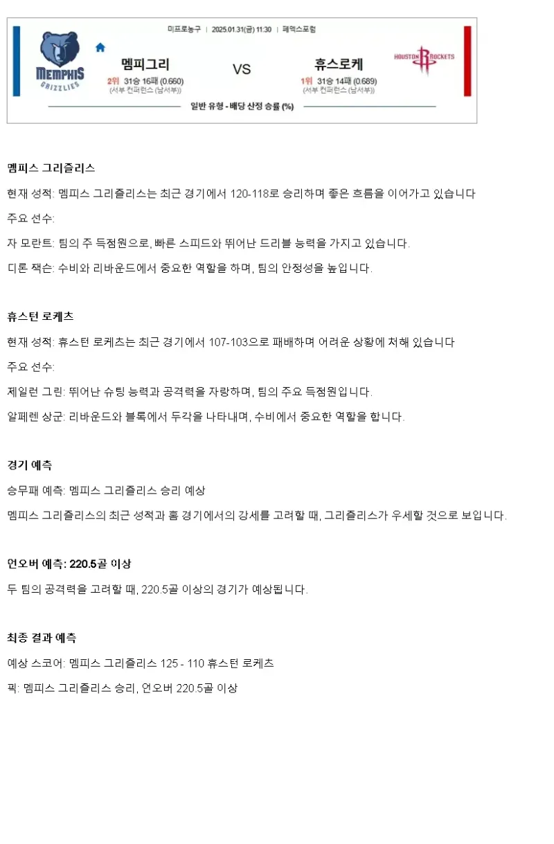 2025년1월31일 멤피스 그리즐리스 휴스턴 로케츠 미국농구 분석 및 중계 올스티비