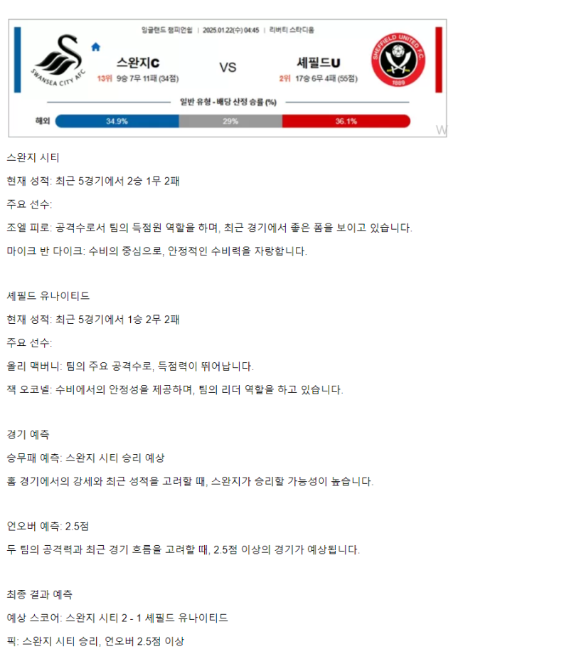 2025년1월22일 스완지 시티 셰필드 유나이티드 스포츠 분석 및 중계 올스티비