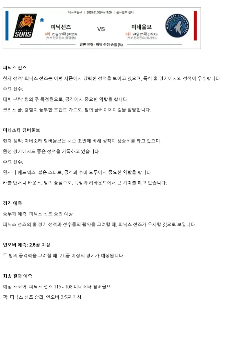 2025년1월30일 피닉스 선즈 미네소타 팀버울브스 NBA 분석 및 중계 올스티비