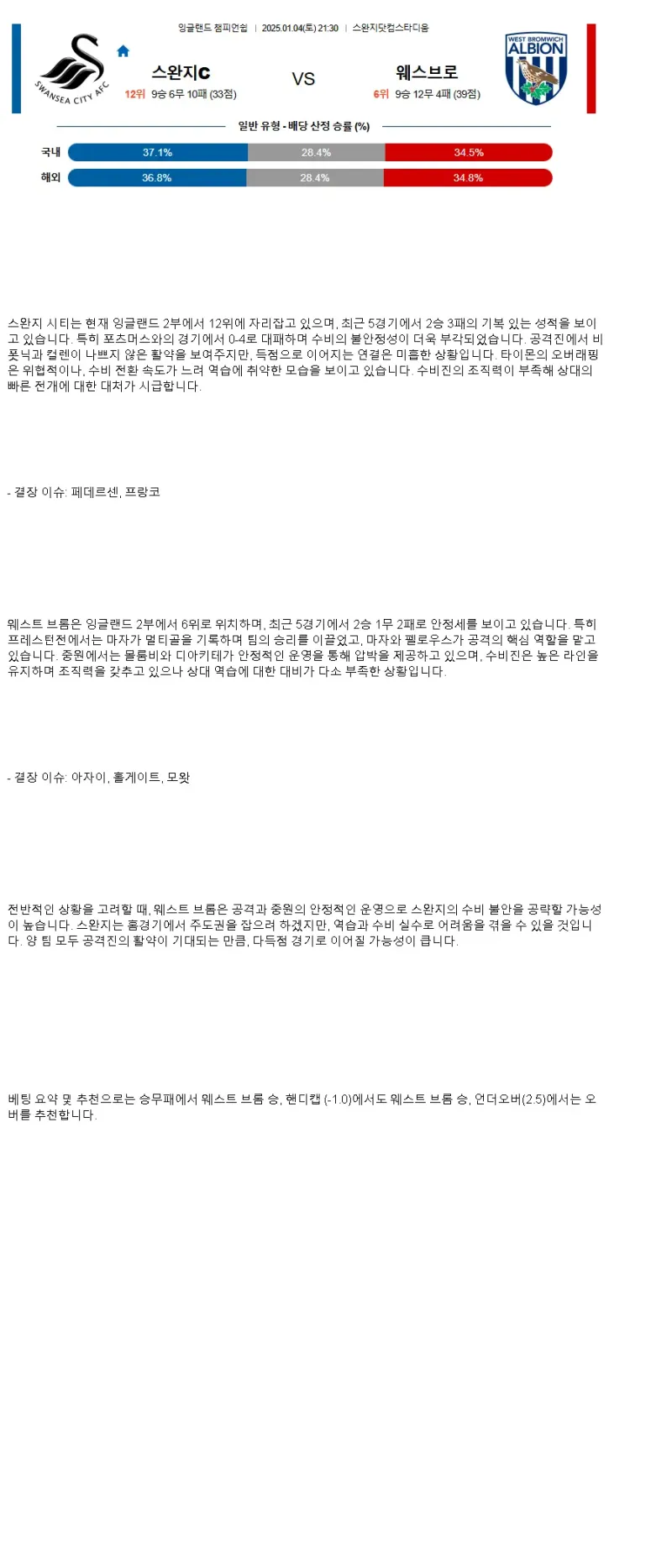 2025년1월4일 스완지시티 웨스트브롬 스포츠 중계 및 분석 올스티비