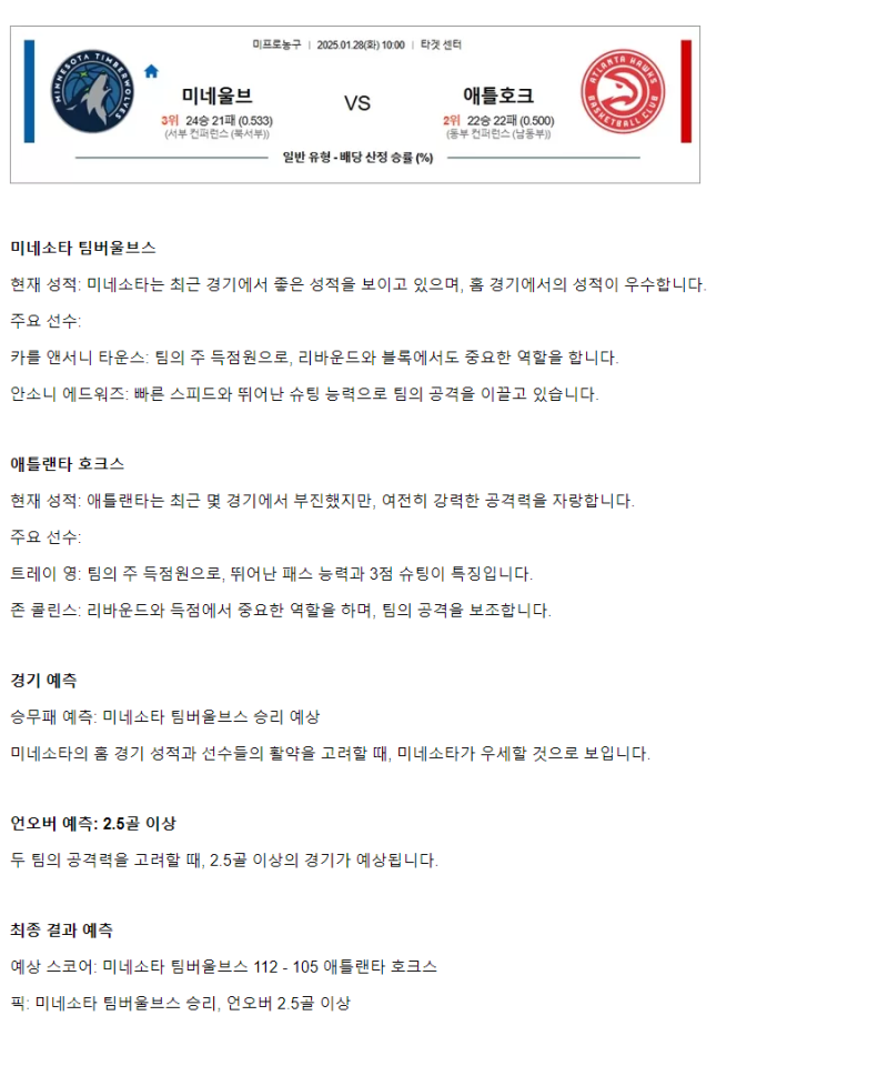 2025년1월28일 미네소타 팀버울브스 애틀랜타 호크스 NBA 분석 및 중계 올스티비