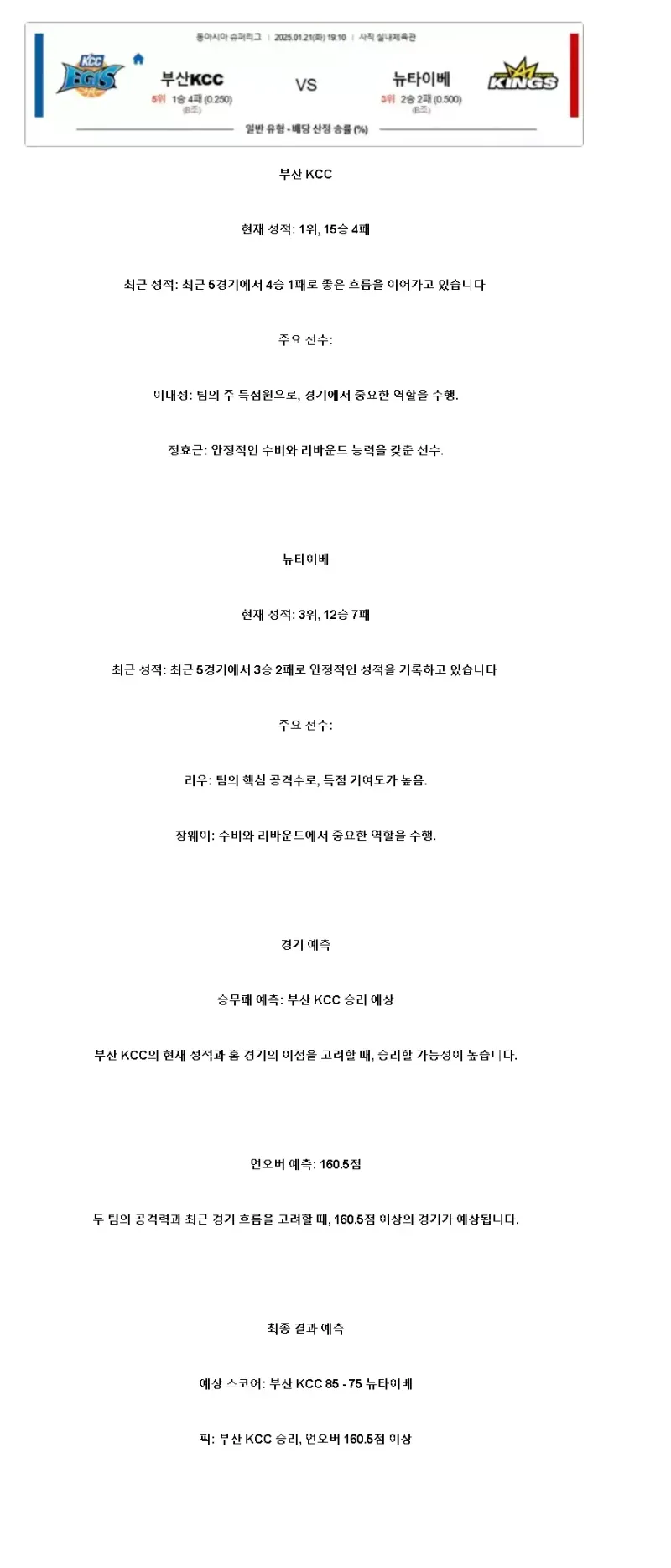 2025년1월21일 부산 KCC 이지스 뉴타이베 NBA 분석 및 중계 올스티비