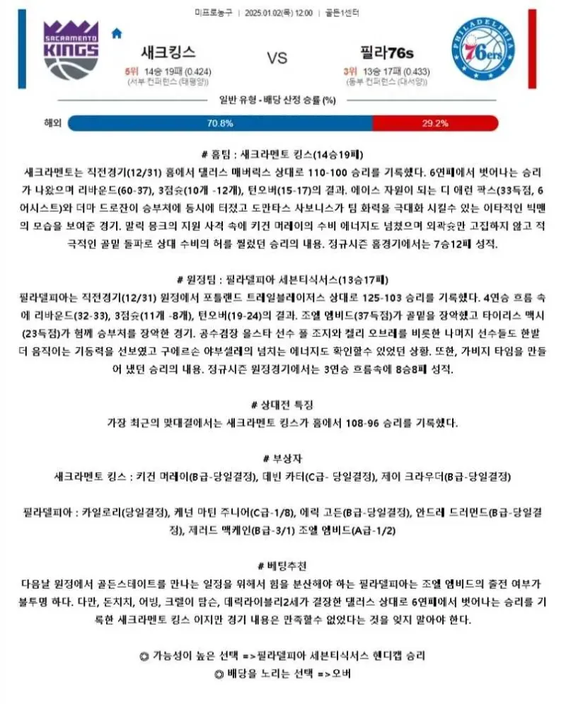 2025년1월2일 새크라멘토 킹스 필라델피아 세븐티식서스 미국농구 중계 및 분석 올스티비