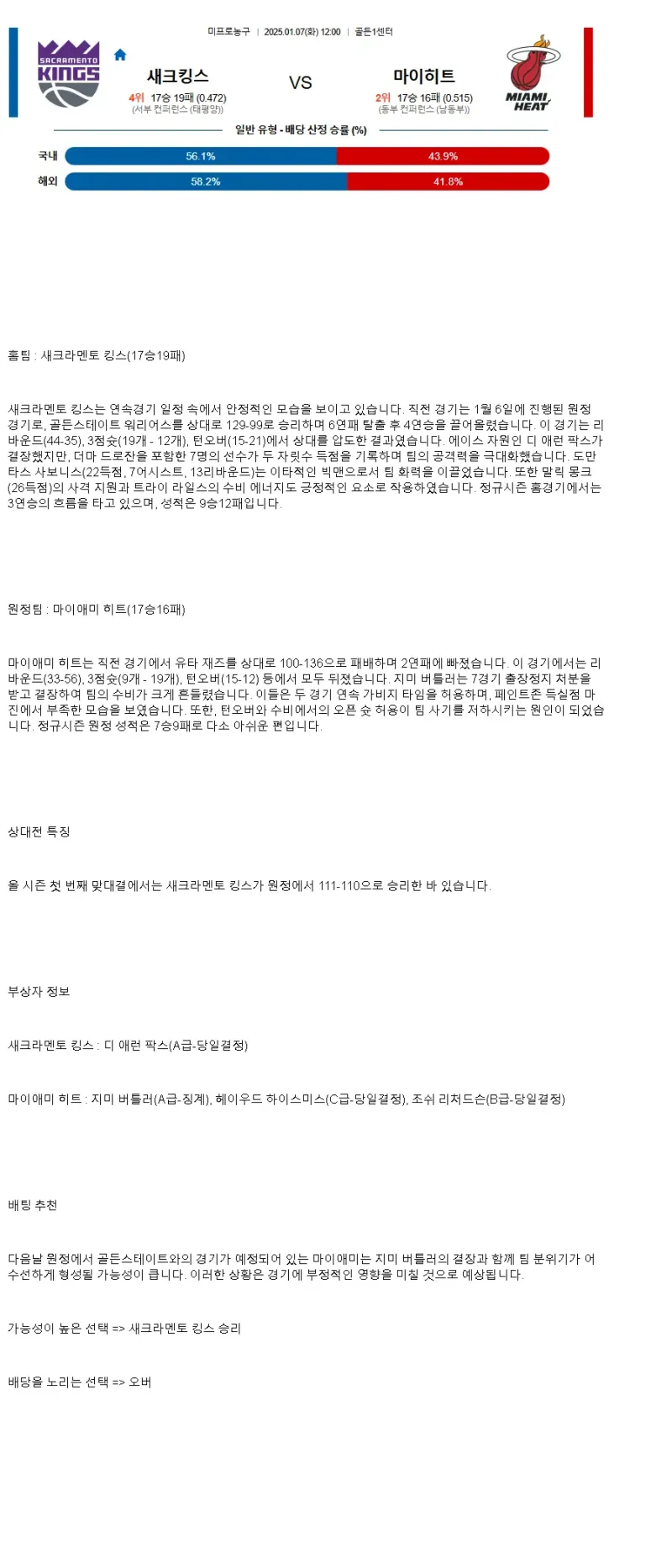 2025년1월7일 새크라멘토 킹스 마이애미 히트 해외농구 중계 및 분석 올스티비