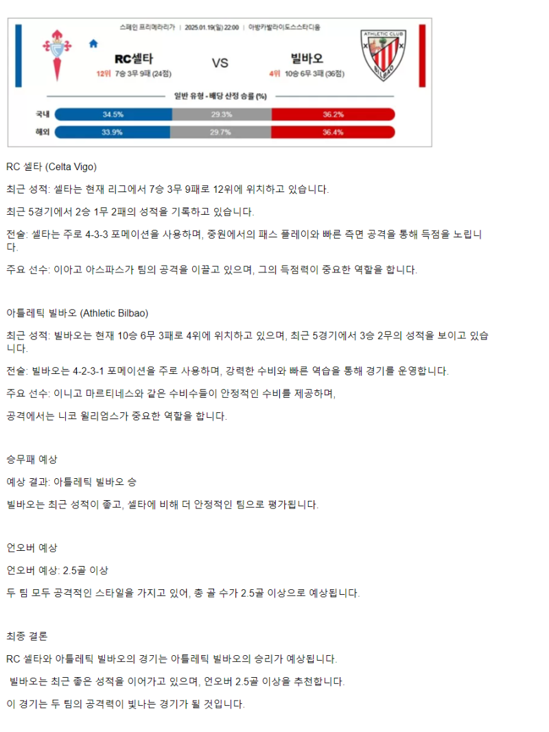 2025년1월19일 RC 셀타 데 비고 아틀레틱 클럽 빌바오 스포츠 중계 및 분석 올스티비
