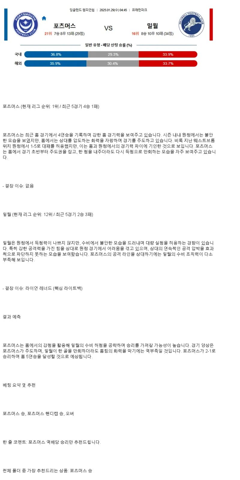 2025년1월29일 포츠머스 밀월 해외축구 중계 및 분석 올스티비