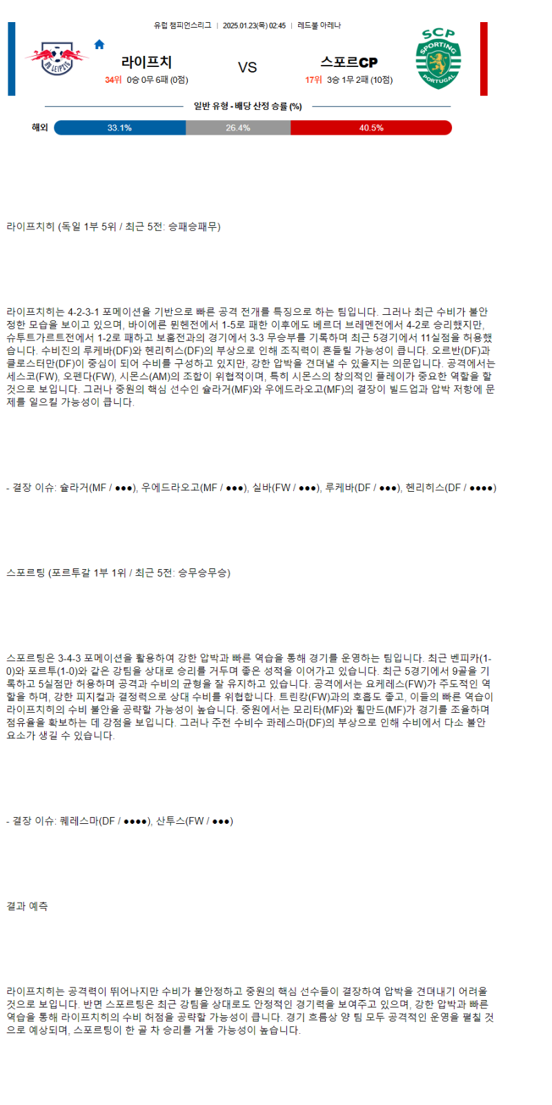 2025년1월23일 라젠발스포르트 라이프치히 스포르팅 클럽 데 포르투갈 해외축구 분석 및 중계 올스티비