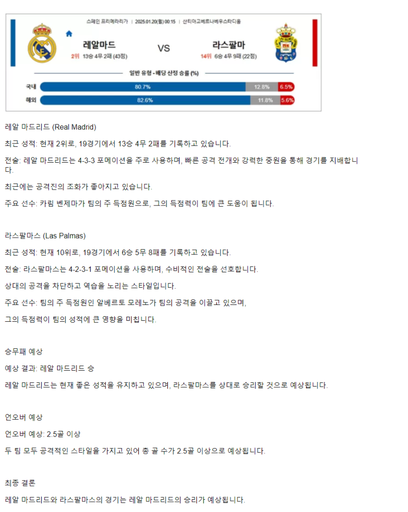 2025년1월20일 레알 마드리드 CF UD 라스 팔마스 해외축구 중계 및 분석 올스티비
