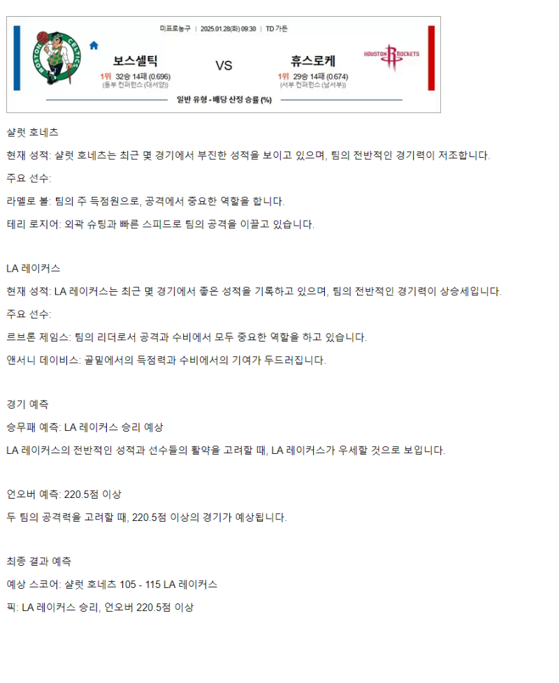 2025년1월28일 샬럿 호네츠 LA 레이커스 NBA 중계 및 분석 올스티비