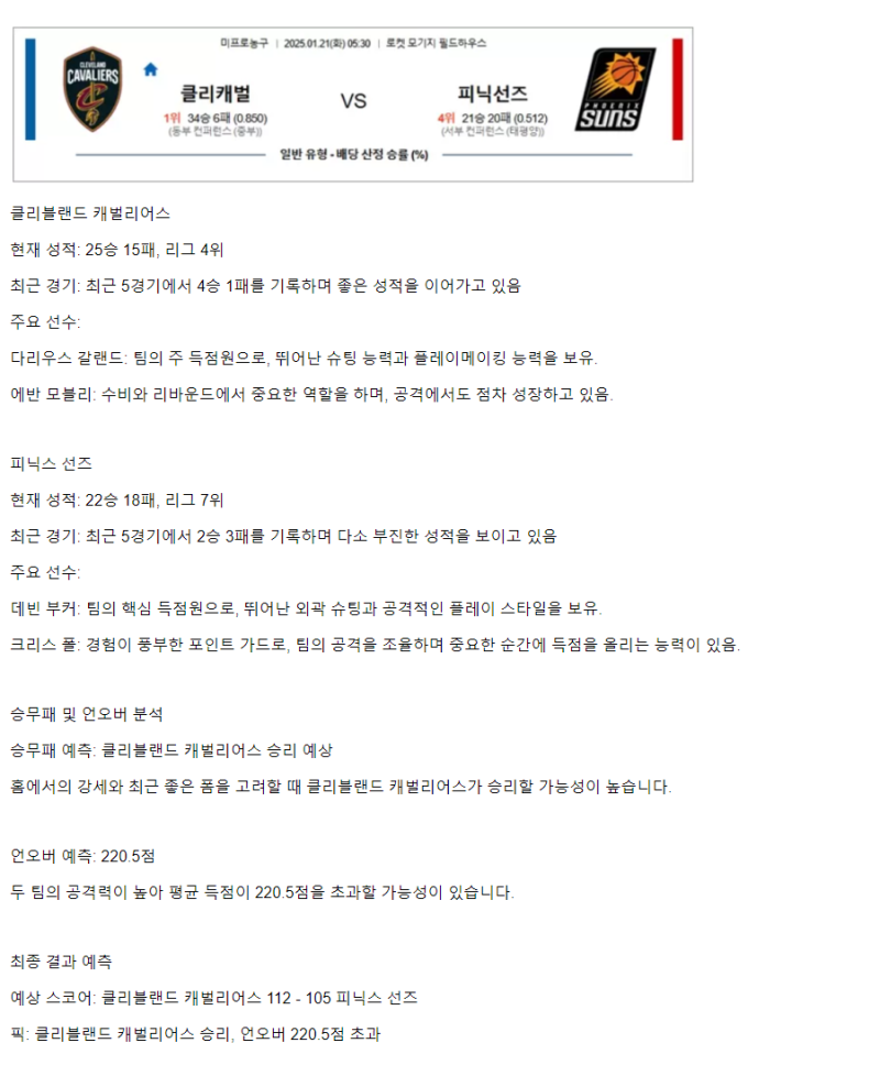 2025년1월21일 클리블랜드 캐벌리어스 피닉스 선즈 NBA 분석 및 중계 올스티비