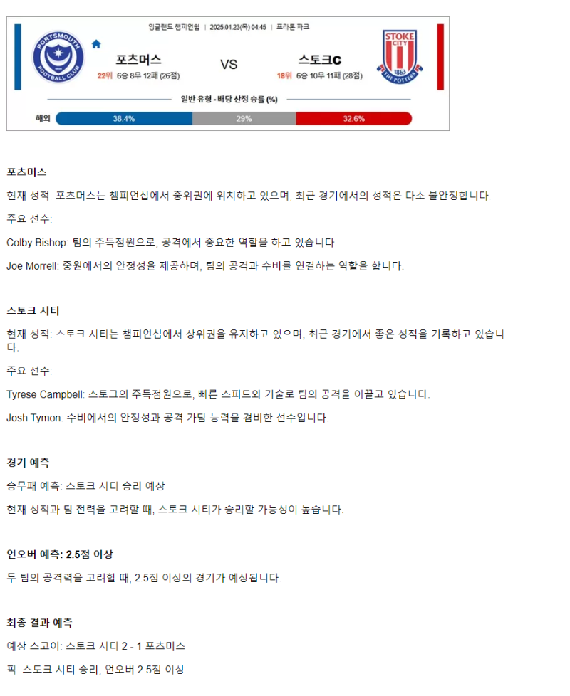 2025년1월23일 포츠머스 스토크 시티 해외스포츠 중계 및 분석 올스티비