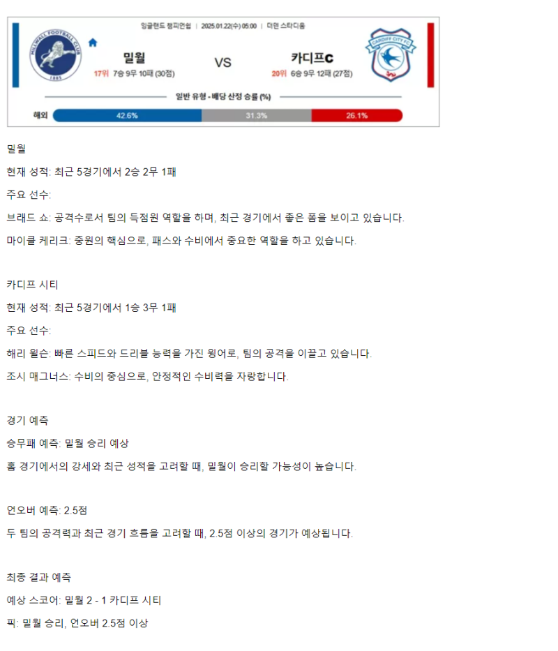 2025년1월22일 밀월 카디프시티 해외축구 분석 및 중계 올스티비