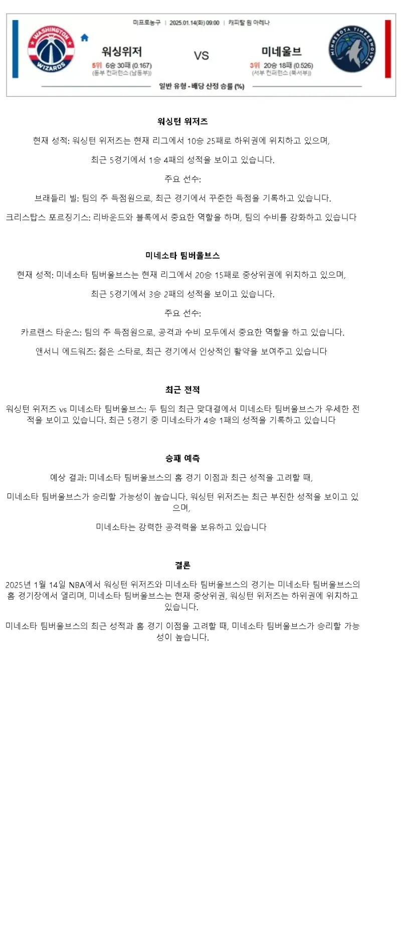 2025년1월14일 워싱턴 위저즈 미네소타 팀버울브스 NBA 분석 및 중계 올스티비