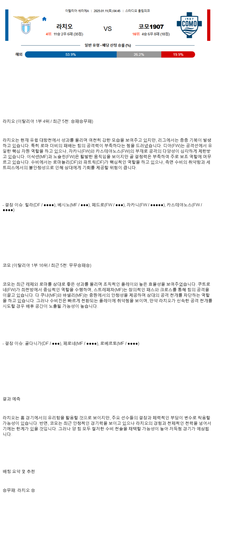 2025년1월11일 SS 라치오 코모 1907 스포츠 중계 및 분석 올스티비