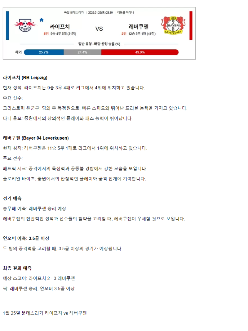 2025년1월25일 라젠발스포르트 라이프치히 TSV 바이엘 04 레버쿠젠 해외축구 분석 및 중계 올스티비