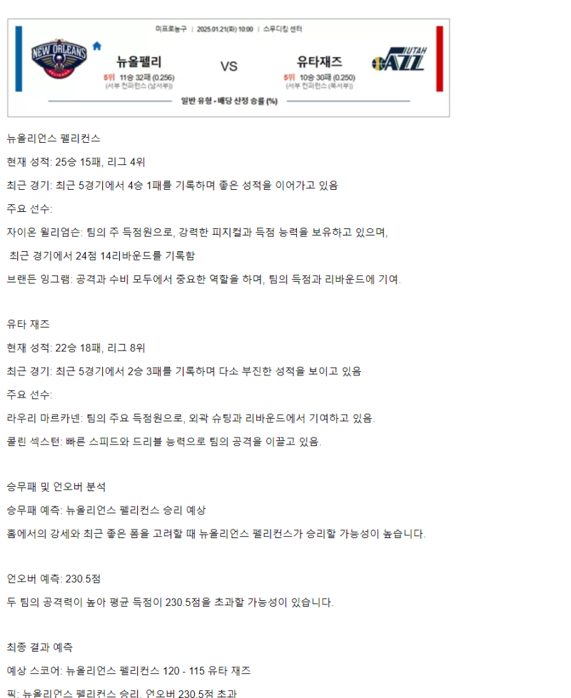 2025년1월21일 뉴올리언즈 펠리컨스 유타 재즈 미국농구 분석 및 중계 올스티비
