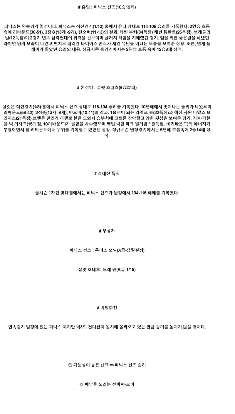 2025년1월13일 피닉스 선즈 샬럿 호네츠 KBL 올스티비