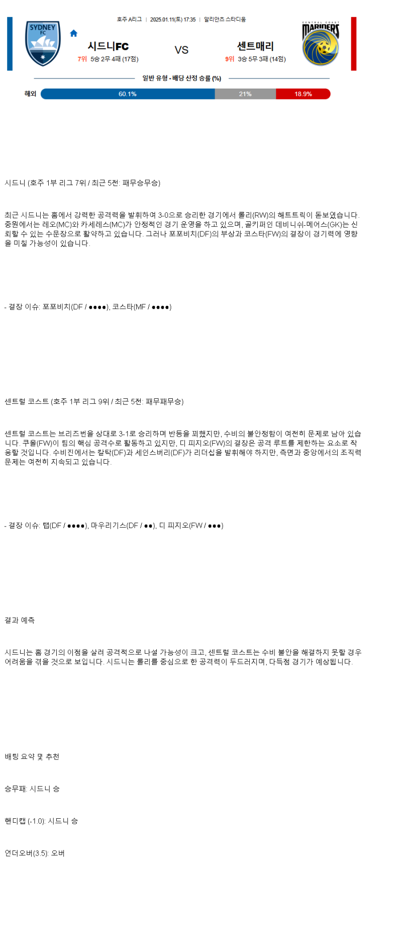 2025년1월11일 시드니 센트럴코스트 해외스포츠 분석 및 중계 올스티비