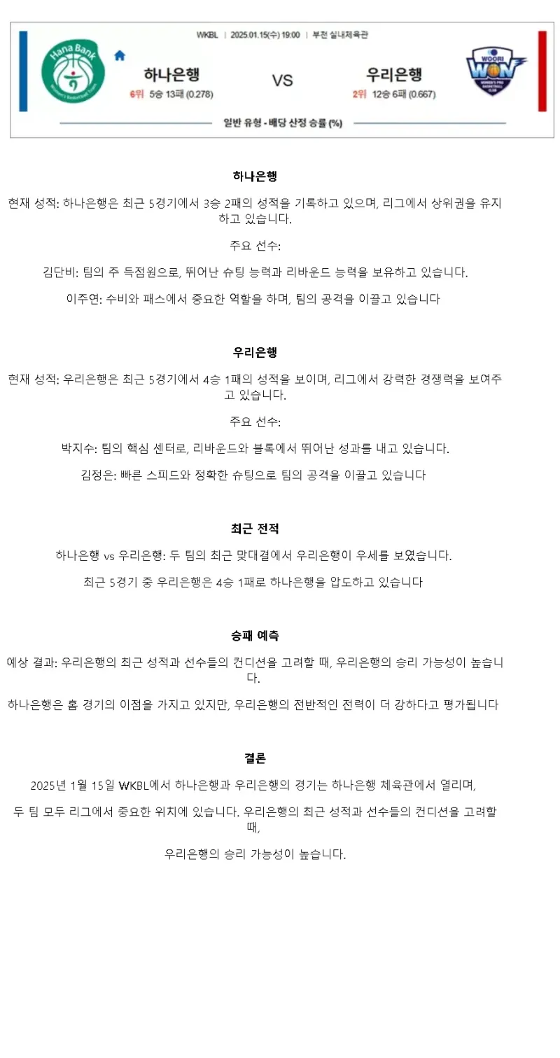 2025년1월15일 부천 하나은행 우리은행 우리WON KBL 올스티비